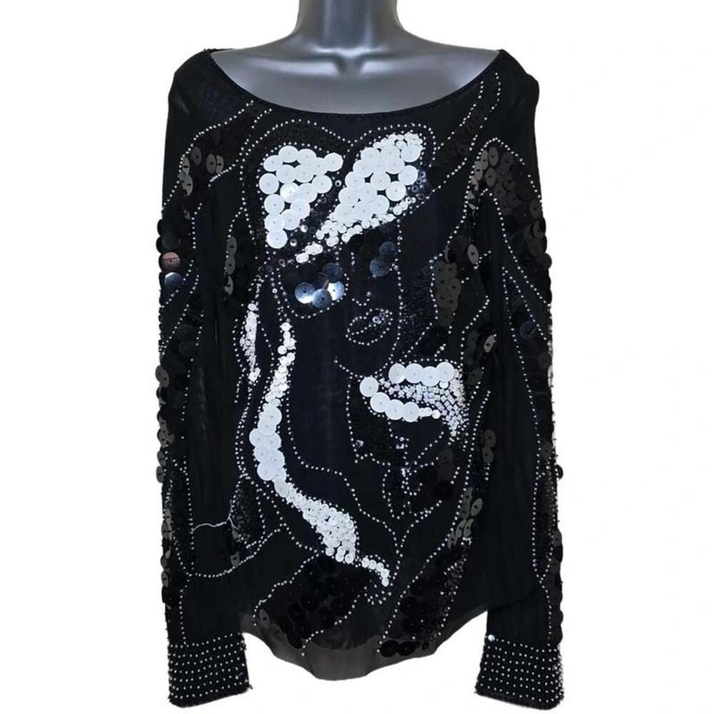 Caché Vintage Y2K Black Sheer Mesh Sequin Face Top